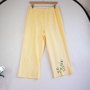 Vintage Womens Yellow Embroidered Floral Wide Leg Cropped Pants M Granny Cottage
